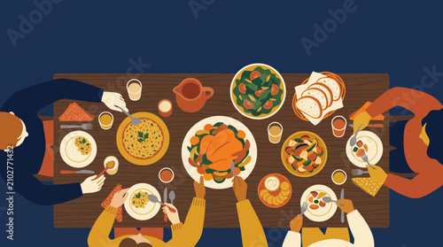 Flat vector illustration of a family-style dinner with shared dishes around a central platter. Overhead dining scene with copy space, celebrating togetherness, hospitality, and home cooking.
