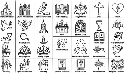 Obraz na plátne Christian Faith Church and Bible Reading Outline Icons Set with Black and Red Re