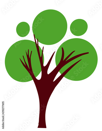 Stylized green tree with a dark brown trunk and circular leafy canopy elements in a simple minimalist vector design