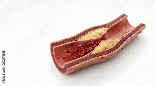 A detailed medical illustration showing an artery with plaque buildup and blood cells, depicting atherosclerosis.