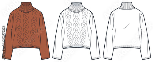 Obraz na płótnie Cable Knit Cropped Turtleneck Sweater Fashion Flat Technical Drawing Template, r