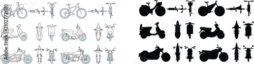 Foto Set of Transportation Icons Including Bicycles, Scooters, and Motorcycles in Out