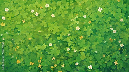 クローバーと小花が広がる鮮やかな緑の植物イラスト 背景素材