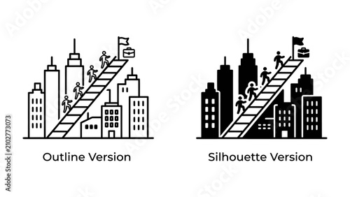 Canvas Print Urban Climb: Two graphic representations, an outline and a silhouette, depict individuals ascending a ladder amidst city skyscrapers
