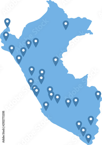 Peru simplified map with location pins on regional capitals, infographic vector