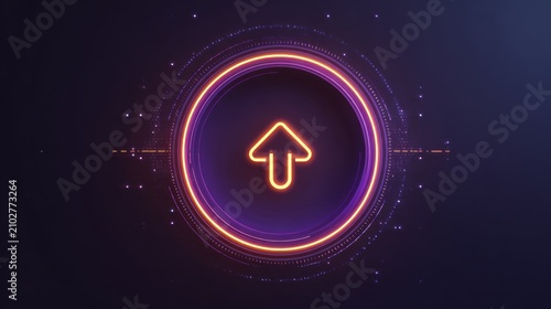 Vibrant Neon Arrow Icon with Circular Light Ring on Dark Background for Digital Interface Design and Technology Themes