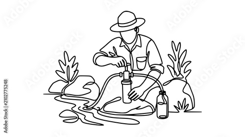 Canvastavla Farmer using water filter pump outdoors with plants and rocks, one line drawing