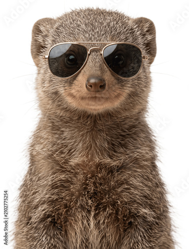 Adorable baby Mongoose wearing sunglasses stands looking forward transparent background