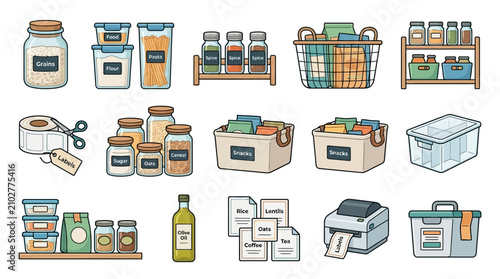 Pantry Organization and Kitchen Storage Supplies Vector Icons Set for Home Storage Solutions