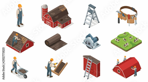 Foto Colorful Isometric Construction Tools and Workers Illustration Set