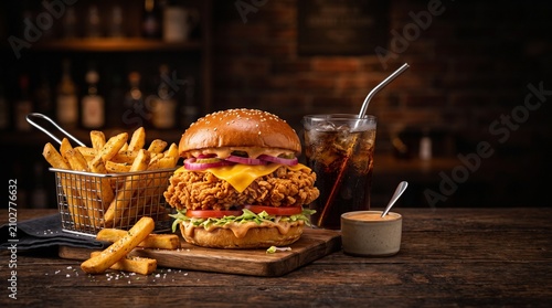 Gourmet fast food burger meal with golden fries on rustic table. Close-up of juicy cheeseburger combo with crispy potato sides and dipping sauce.
