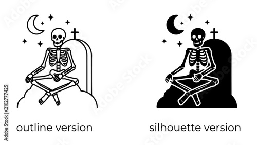 Canvas-taulu Skeleton Meditating at Night: A skeleton sits in a meditative pose beside a tombstone under a starry night sky with a crescent moon, embodying peace and the afterlife
