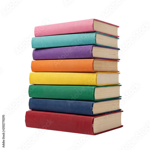 Colorful stack of books with vibrant hardcover spines, rainbow collection of hardback literature, educational library books on white background