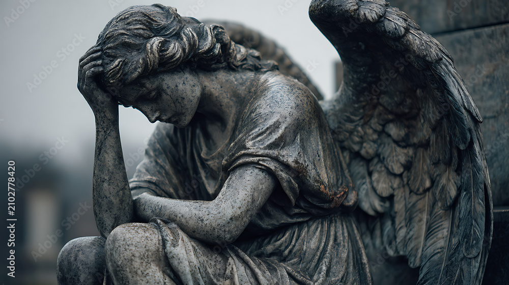 Obraz premium mournful angel statue with wings in a quiet forest cemetery, spiritual sculpture, memorial monument