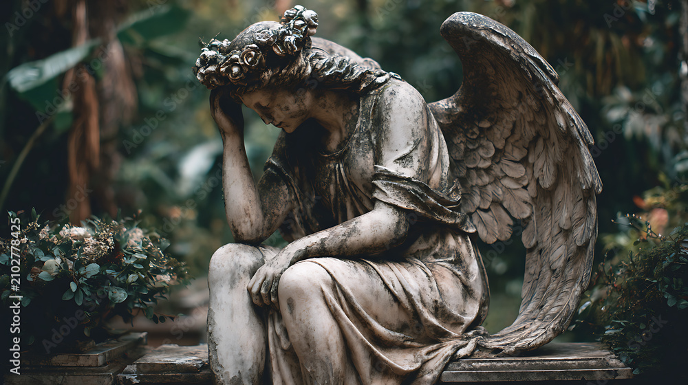 Obraz premium mournful angel statue with wings in a quiet forest cemetery, spiritual sculpture, memorial monument