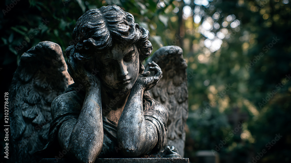 Obraz premium mournful angel statue with wings in a quiet forest cemetery, spiritual sculpture, memorial monument