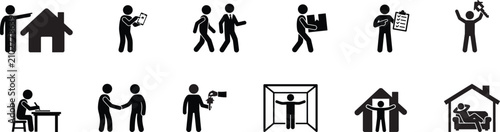 Real Estate Stick Figure Icon Set Home Buying Agent Moving Key Handover New Home Vector Design