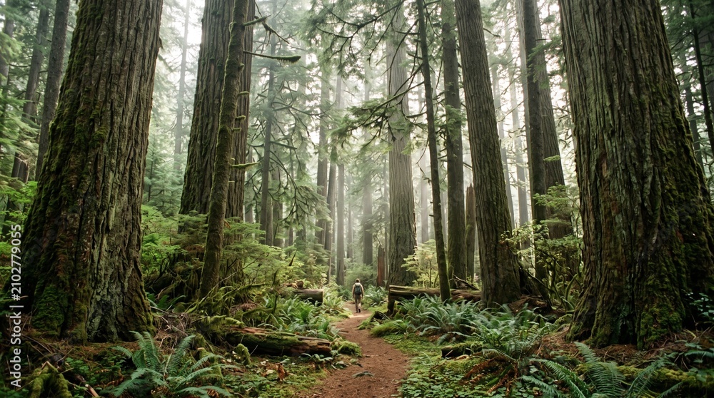 Fototapeta premium Hiker walking on trail through lush green old-growth sequoia forest with massive tree trunks, ferns, and mystical fog.