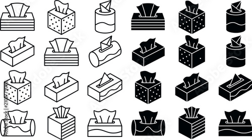 Tissue Box and Paper Napkin Icon Set Featuring Facial Tissues, Wet Wipes, and Paper Towel Dispensers for Hygiene, Cleaning, and Healthcare Designs