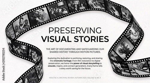 Monochrome film strip bordering informational layout about preserving cinematic history and visual storytelling heritage for future generations in a clean design