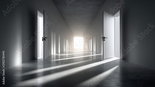 abstract bright white hallway with multiple open doors and glowing light representing opportunity choice and new beginnings