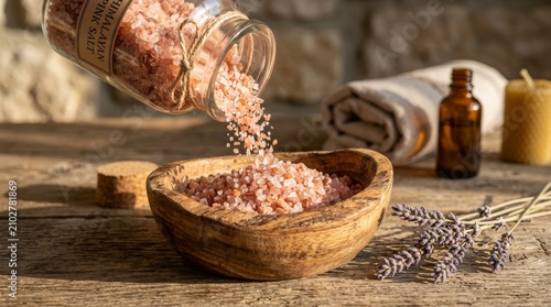 Himalayan pink salt pouring into wooden bowl. Natural mineral bath crystals spilling for wellness and spa treatments.