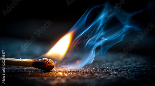 macro shot of a burning matchstick with blue smoke against dark background representing fire ignition and danger concept