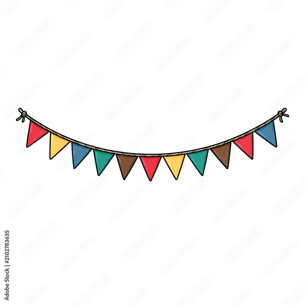 Fototapeta premium Charming Colorful Bunting Garland Composed Of Triangular Flags In Red, Yellow, Blue, Green, Brown Attached To A Rope, Festive Vector Illustration