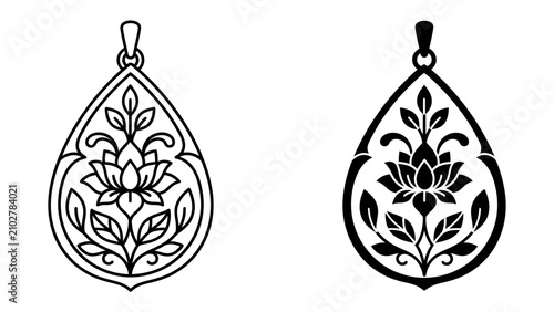 Fotografie Pendant with Floral Design: Two elegant pendants, one in outline and the other in silhouette, showcase a central lotus flower surrounded by intricate floral and leaf motifs