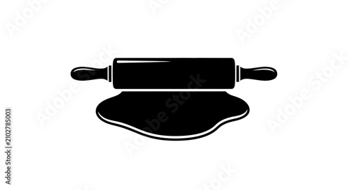 Cuadro en lienzo Black rolling pin on dough with top piece dough cooking kitchen utensil graphic