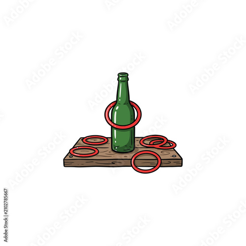Festive Ring Toss Carnival Game Setup With Green Bottle On Wooden Base And Scattered Red Rings For Outdoor Fun, Flat Vector Illustration
