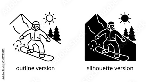 Bild auf Leinwand Snowboarder in Action: A stylized illustration of a snowboarder carving down a snowy slope, with mountains, trees, and a sun in the background, presented in both outline and silhouette versions