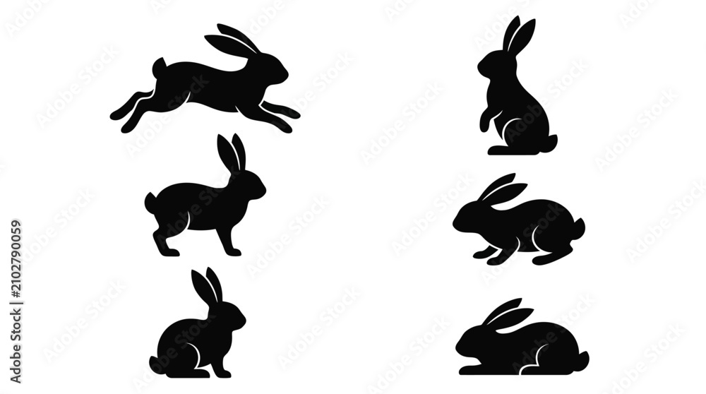 Fototapeta premium Rabbit silhouette icon set showing various poses for wildlife, nature, and animal illustration design concepts