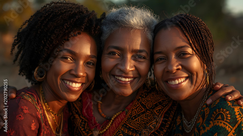 Three happy Black women, possibly a mother and her adult daughters, smiling and embracing outdoors.