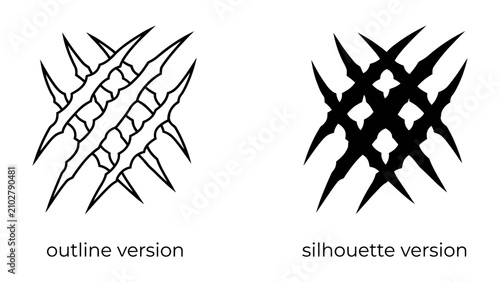 Konstfotografi Claw Mark Designs: A set of graphic elements showcasing claw marks in both outline and silhouette versions, ideal for design projects needing a fierce or wild aesthetic