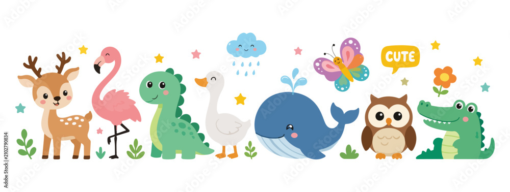 Fototapeta premium Cute cartoon animals character set vector illustration