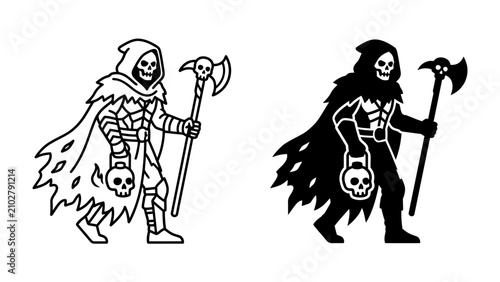 Fotografía Grim Reaper Warrior: A stylized depiction of a grim reaper warrior, cloaked and armed with an axe and skull, presented in both outline and silhouette