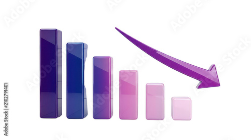 Business bar graph declining chart with purple glossy columns and downward arrow isolated on transparent background data trends.