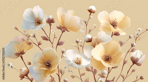 delicate floral illustration of blooming magnolia flowers and branches on teal backdrop