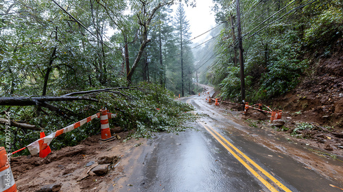 natural disaster aftermath with muddy dirt road and fallen logs in mountain forest