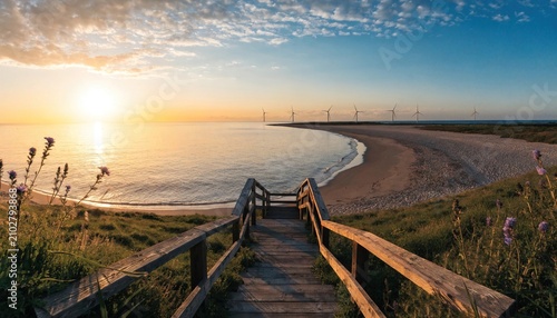 Wooden stairs leading to a sandy beach at golden sunset hour