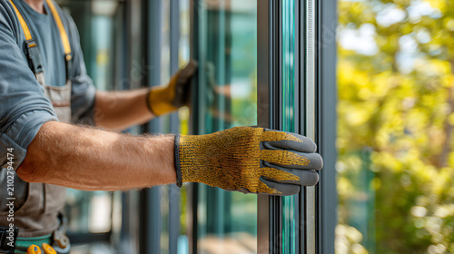 construction worker wearing blue hard hat installing glass window during home renovation project