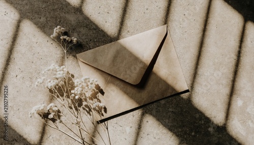 Minimalist brown paper envelope resting beside delicate white dried flowers