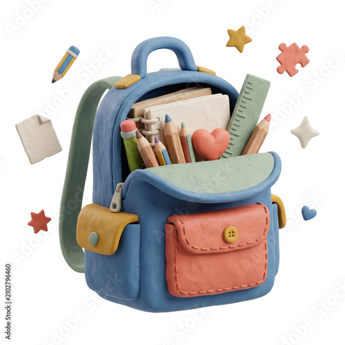 Cute 3D school backpack with colorful stationery supplies floating elements isolated on a transparent background for education design