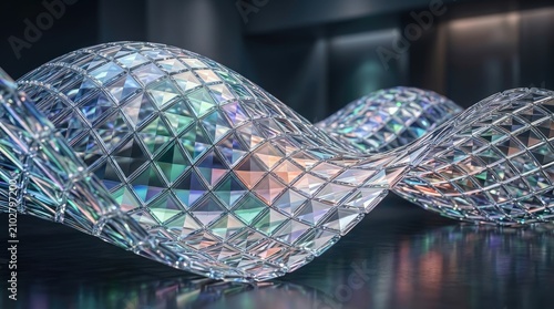 Iridescent geometric sculpture modern art installation with reflective triangular facets and dynamic lighting
