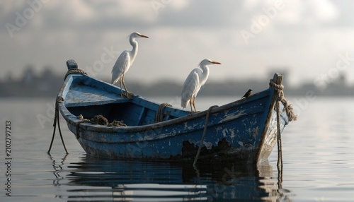 Two graceful white egrets standing on an old blue boat