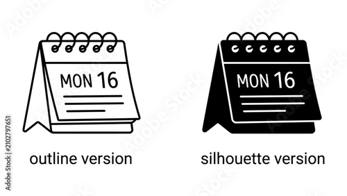 Photos Calendar Icons: A set of calendar icons, one in outline and one in silhouette, showcasing a desk calendar showing MON 16