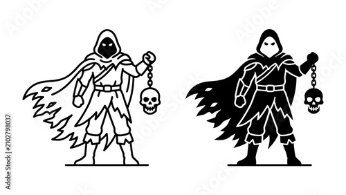Cuadro en lienzo Mysterious Cloaked Figure with Skull Lantern: A solitary, cloaked figure with an ominous aura stands holding a lantern adorned with a skull, depicted in both outline and solid black styles