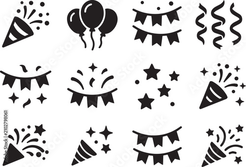 Party Celebration Icons Set - Balloon, Confetti, Bunting Banner, Streamers, Fireworks Vector Silhouette Collection .