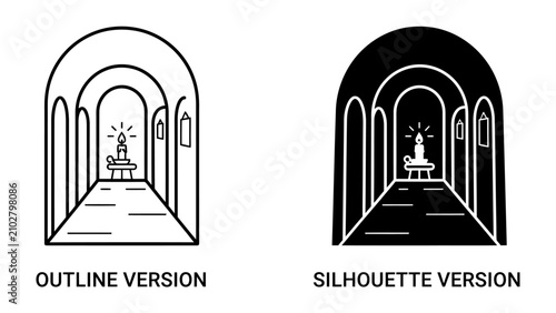 Foto A Lit Candle in a Grand Hall: An illustration of a grand hall with archways and a single lit candle as a focal point, presented in both outline and silhouette versions